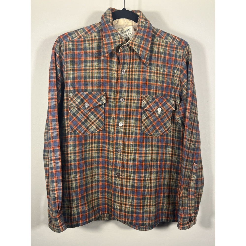 Vintage 60s Golden Line Men's Medium Plaid Flannel Wool Shirt Cabin Hunting
